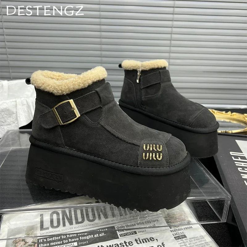Fur Platform Ankle Boots for Women — Suede Flats with Warm Plush Lining — view 4 of boots