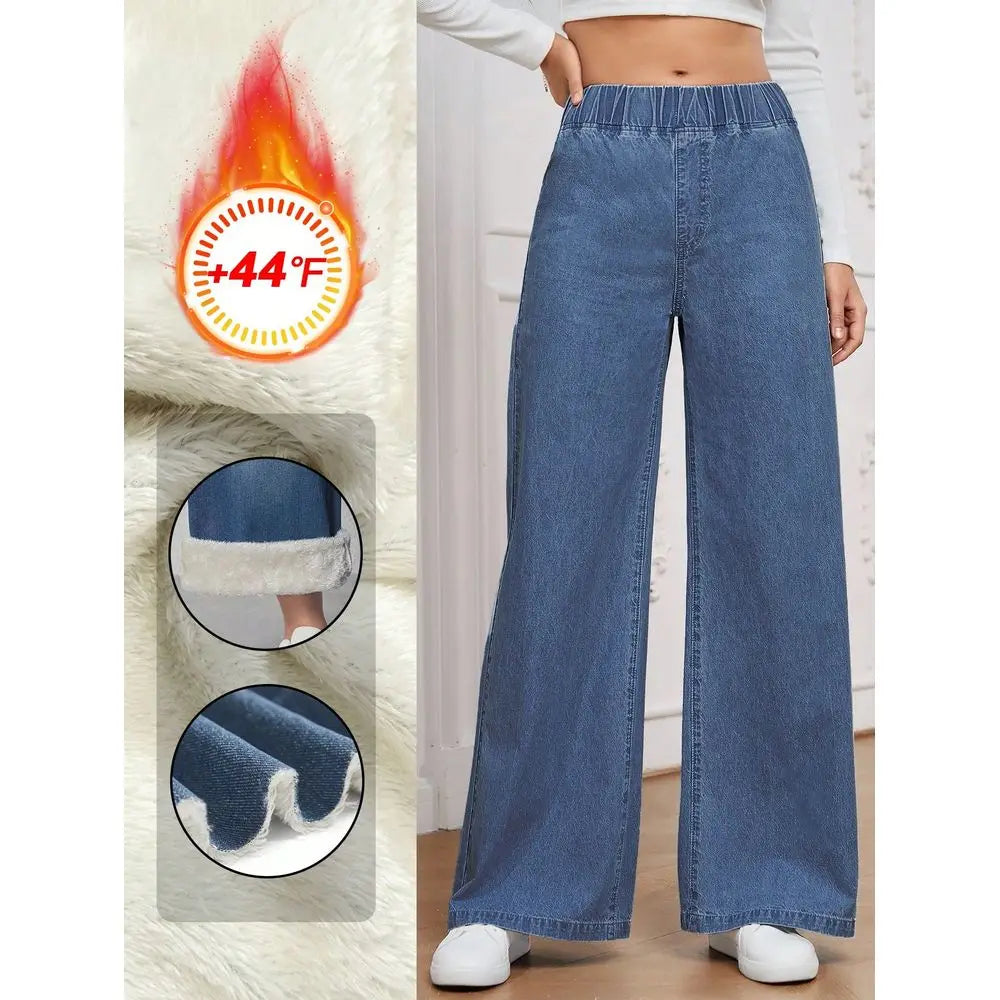 ROSE Wide-Leg Loose Woven Jeans — High-Waist Water-Washed Thermal-Lined Denim — front view