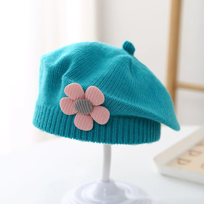 Flower Baby Beret Hat - Knitted Painter Cap for Infant Girls, Cute Toddler Princess Beret