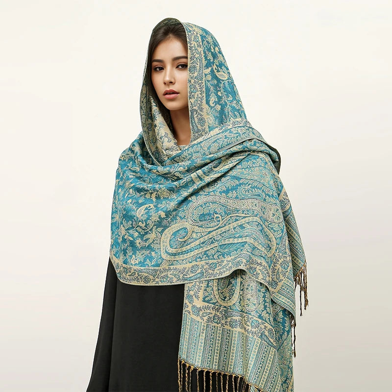 Bohemia Hijab Scarf Pashmina — Cashmere Modest-Fashion Long Shawl, Boho Print Head Wrap — view 14 of scarves & wraps