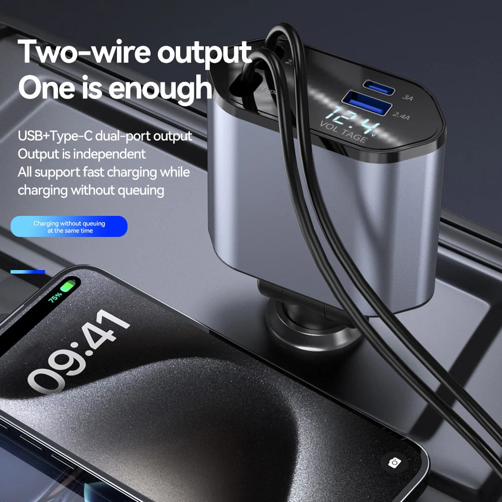 4-in-1 120W Retractable Car Charger — USB-C + Lightning + Type-C Cigarette Adapter — view 2 of chargers & cables