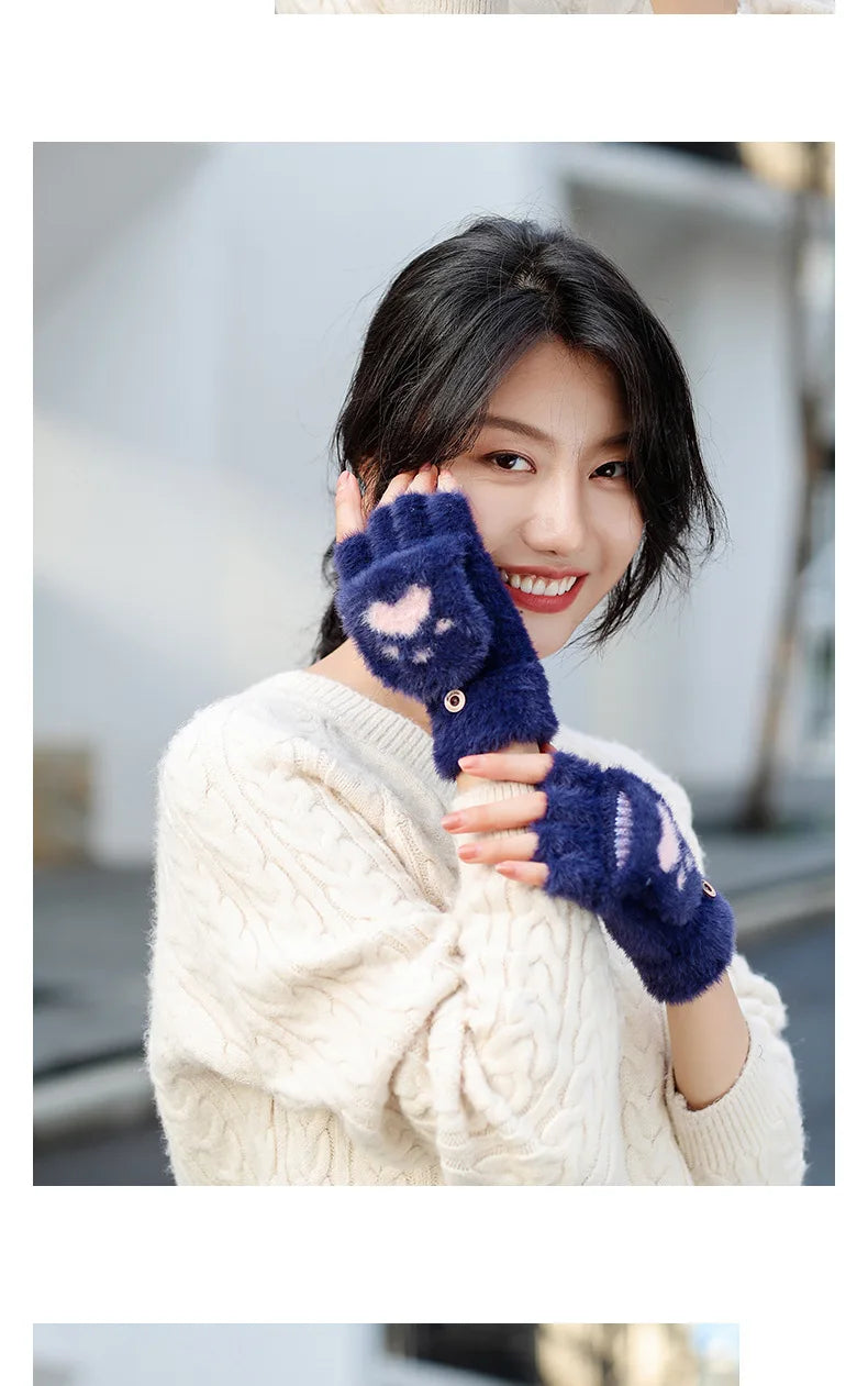 Thicken Women Warm Cat Gloves Fashion Girls Cat Claw Paw Plush Mittens Soft Plush Short Fingerless Half Finger Winter Gloves