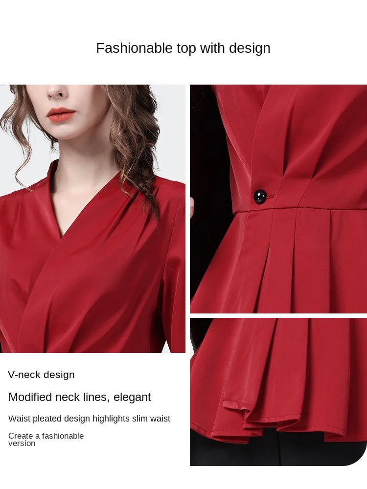 Office Ladies Red Satin Shirt Long Sleeve V-Neck Elegant Skinny Cinch Waist Top Fashion Female Formal Working Blouses