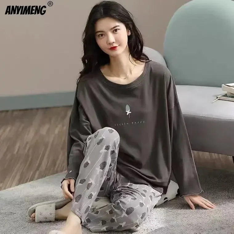 M-5XL Big Size Autumn Spring Pajamas Set for Women Kawaii Printing Sleepwear for Girl Fashion