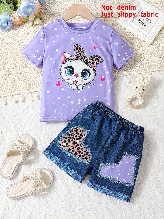 Bowknot Kitty Print Girls 2PCS Short Sleeve Top + Imitation Denim Print Shorts Set, Casual Holiday Summer Outfit