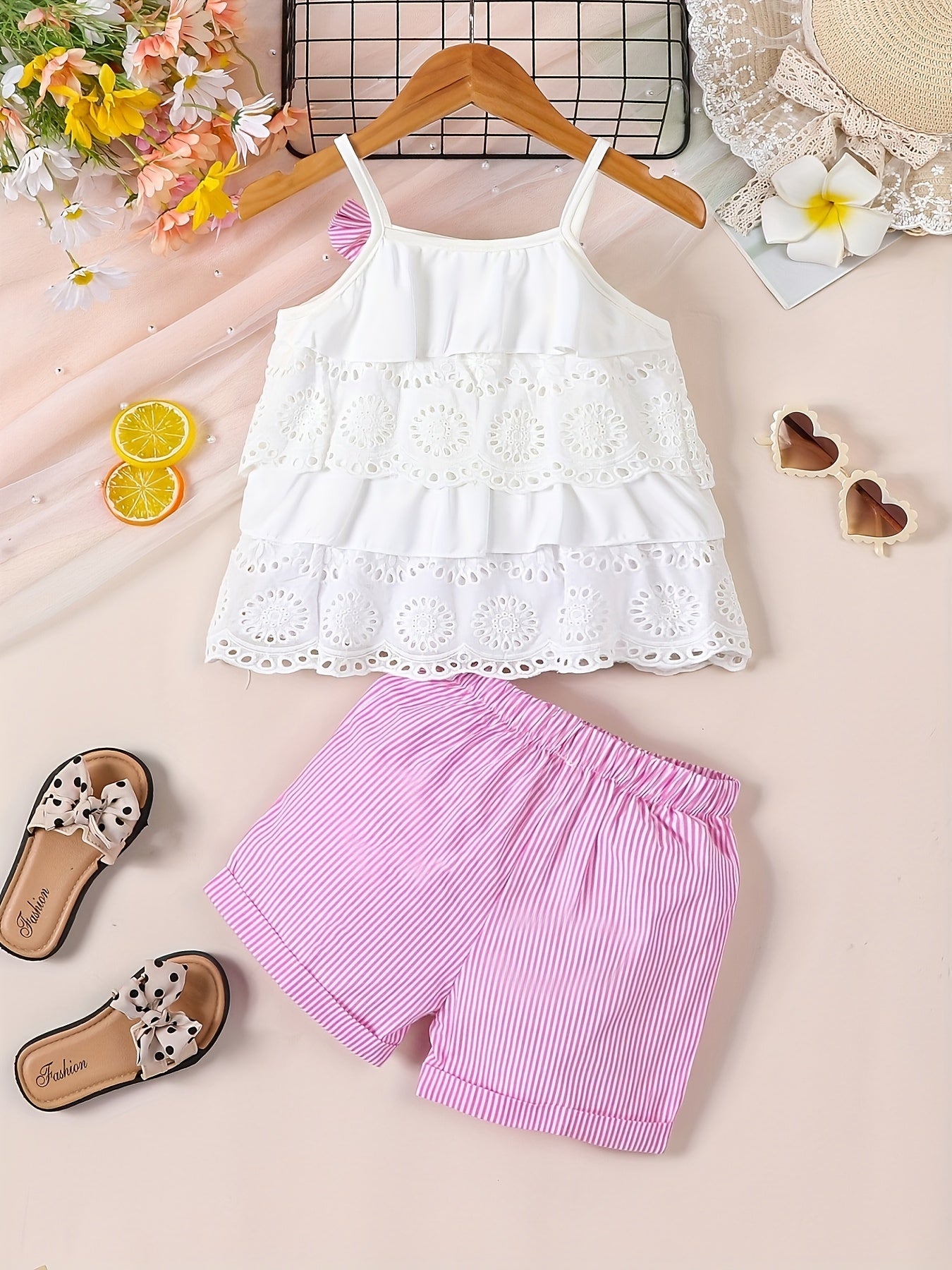 2pcs Infant & Toddler's Lovely Summer Outdoor Set, Schiffy Layered Cami Top & Shorts, Baby Girl's Clothes, Outdoor Cloth