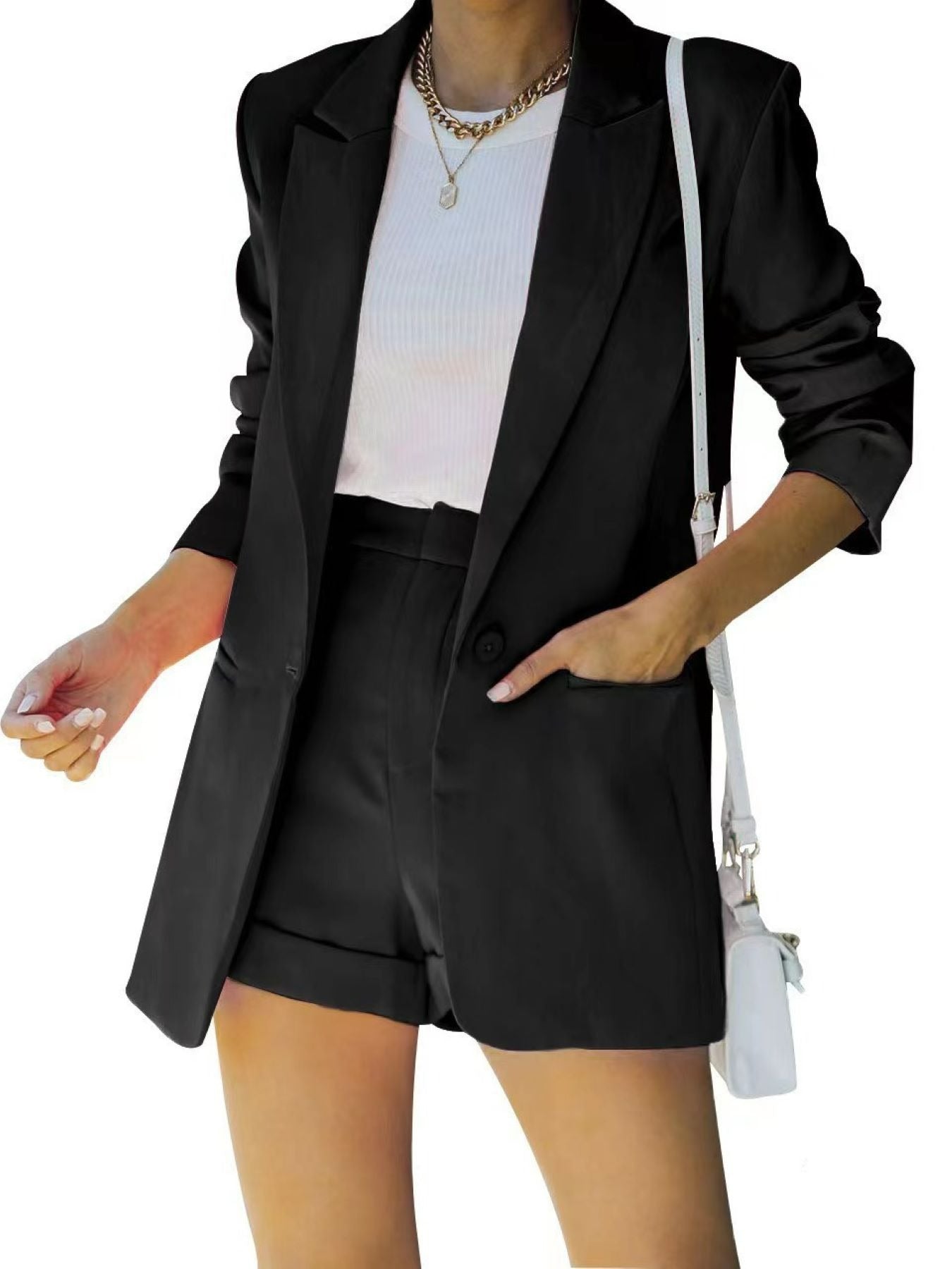 Women's Stylish Two-Piece Blazer Set - Short Sleeve Top & Shorts Suit with Turn-Down Collar, Elegant & Casual