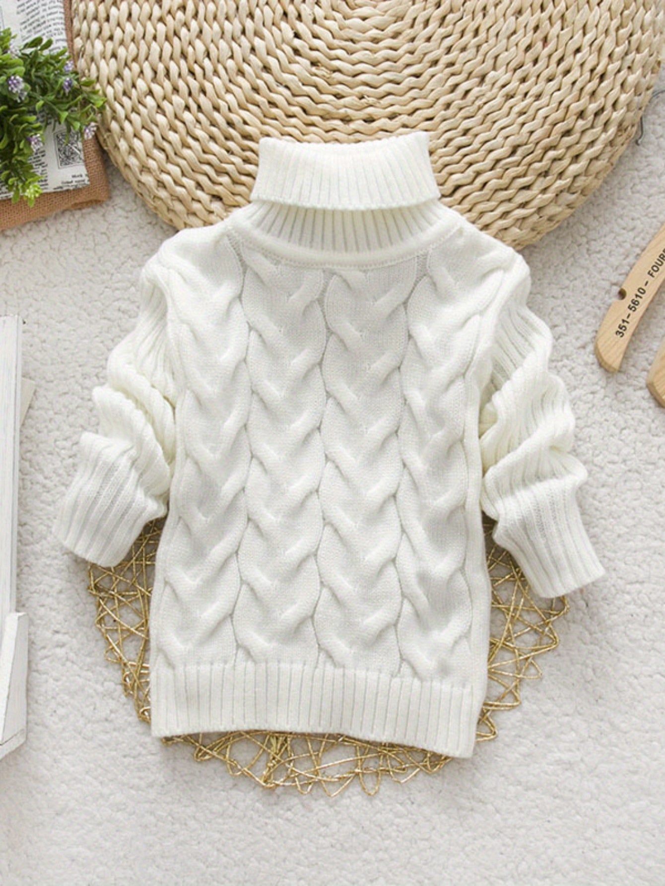 Kids’ High Neck Knit Sweater – Solid Color Torsade Pattern Long Sleeve Pullover