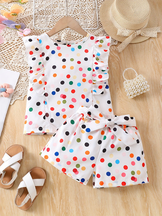 2pcs Dreamy Polka Dot Print Sleeveless Top + Shorts Set with Ruffle Trim and Bow Belt for Girls Summer Outfits