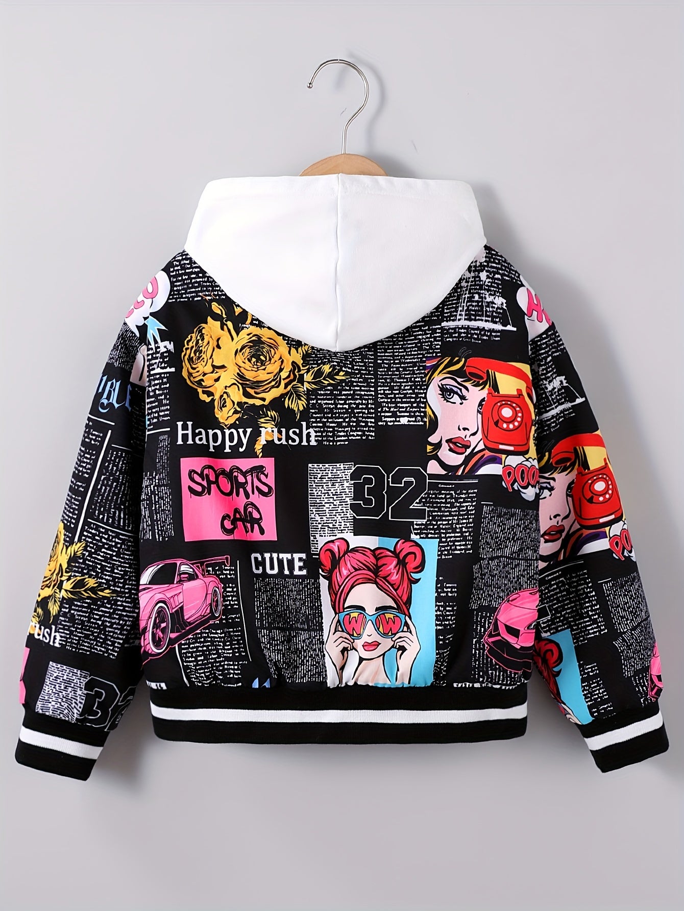 Girls' Cozy Fleece-Lined Pop Art Print Bomber Jacket - Casual Zip-Up Baseball Style Outerwear for Fall/Winter, Sizes 130-170