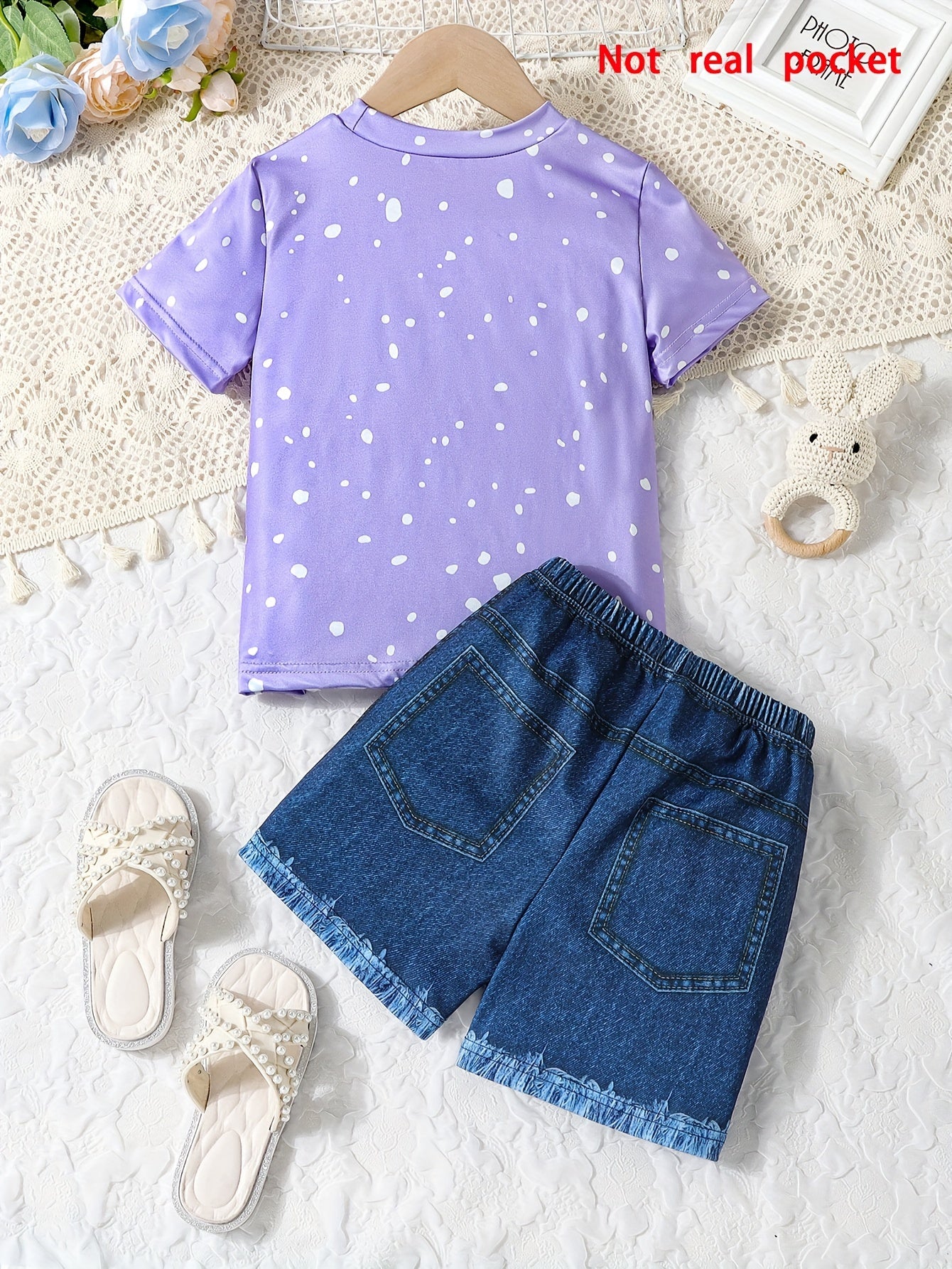 Bowknot Kitty Print Girls 2PCS Short Sleeve Top + Imitation Denim Print Shorts Set, Casual Holiday Summer Outfit