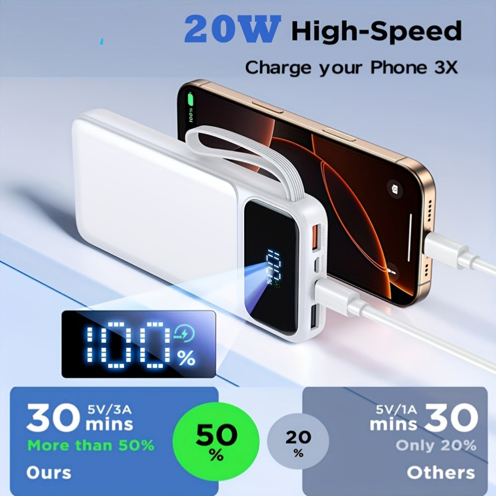 Power Bank: 20000mAh, 20W Fast Charging Portable Charger, Built-in Cable, USB C Battery Pack, Ultra-thin Portable Mobile Phone Charger. Spare Battery Suitable For All Mobile Phones And Tablets