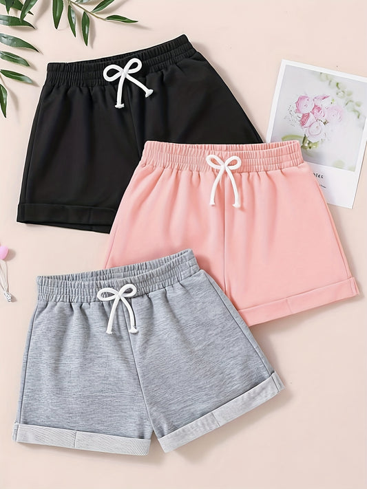 3pcs Girls’ French Terry Casual Shorts – Breathable, Regular Fit for Sports & Outdoor Activities