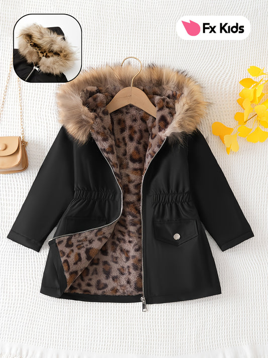 Winter Chic Girls Hooded Long Sleeve Solid Color Loose Fit Polyester Jacket with Fake Pockets and Fur Collar - Breathable, Casual, and Comfy for Outdoor Activities