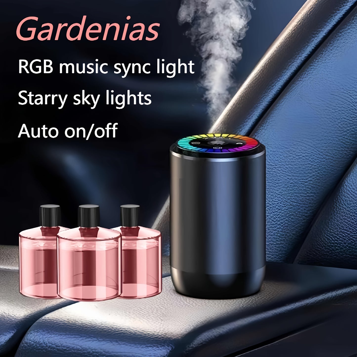 Smart Car Air Freshener with Aromatherapy Features, Featuring a Dynamic Light Display And a Starry Sky Mode. It Uses Natural French Scented Essential Oils Or Perfumes, Allows for Adjustable Fragrance Strength