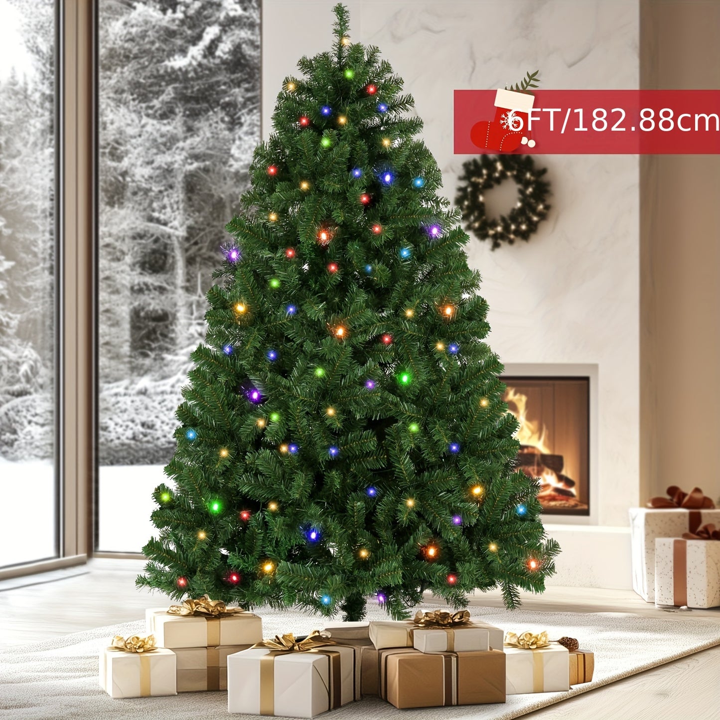 1477 PVC Branch Tips 6FT Artificial Christmas Tree with 250 Multicolored Lights, Foldable Metal Stand