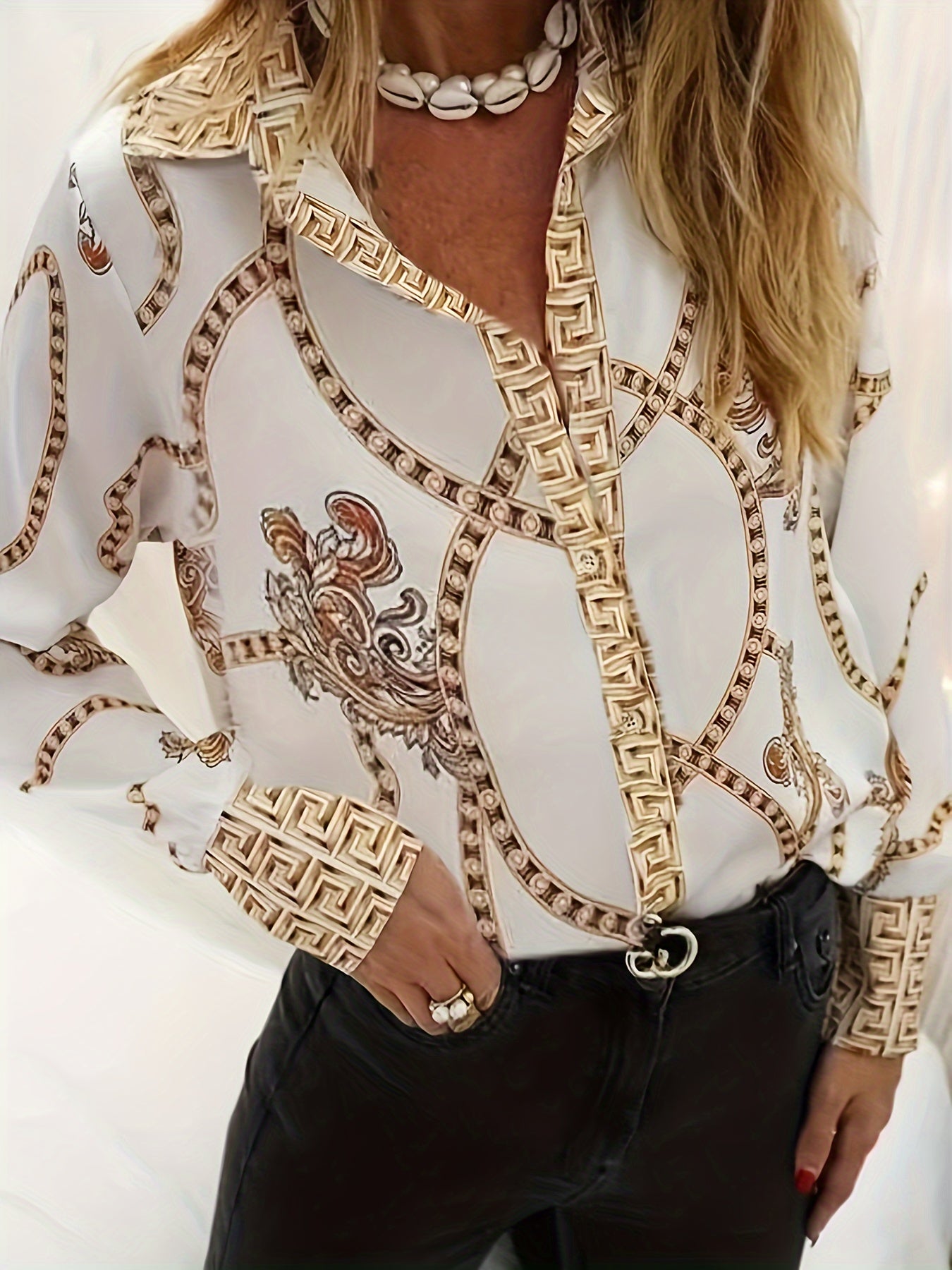 Women's Plus Size Chain Print Long Sleeve Blouse - Casual Button Front Style for Spring & Fall Seasons