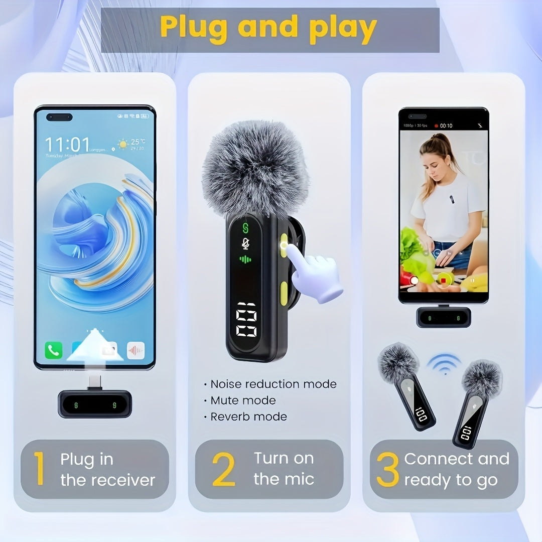 Professional Wireless Lavalier Microphone with Digital Battery Display, Feather Windshield, 360° Omnidirectional, USB-C Connector, 100ft Range, 2.4G Wireless Function, DSP Chip Professional Noise Reduction, Rotatable Magneti