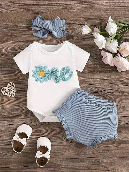 Baby's ONE Flower Embroidered 2pcs Summer Outfit, Cotton Triangle Bodysuit & Ribbed Shorts Set, Toddler & Infant Girl's Clothes For Daily Outdoor/Holiday/Party