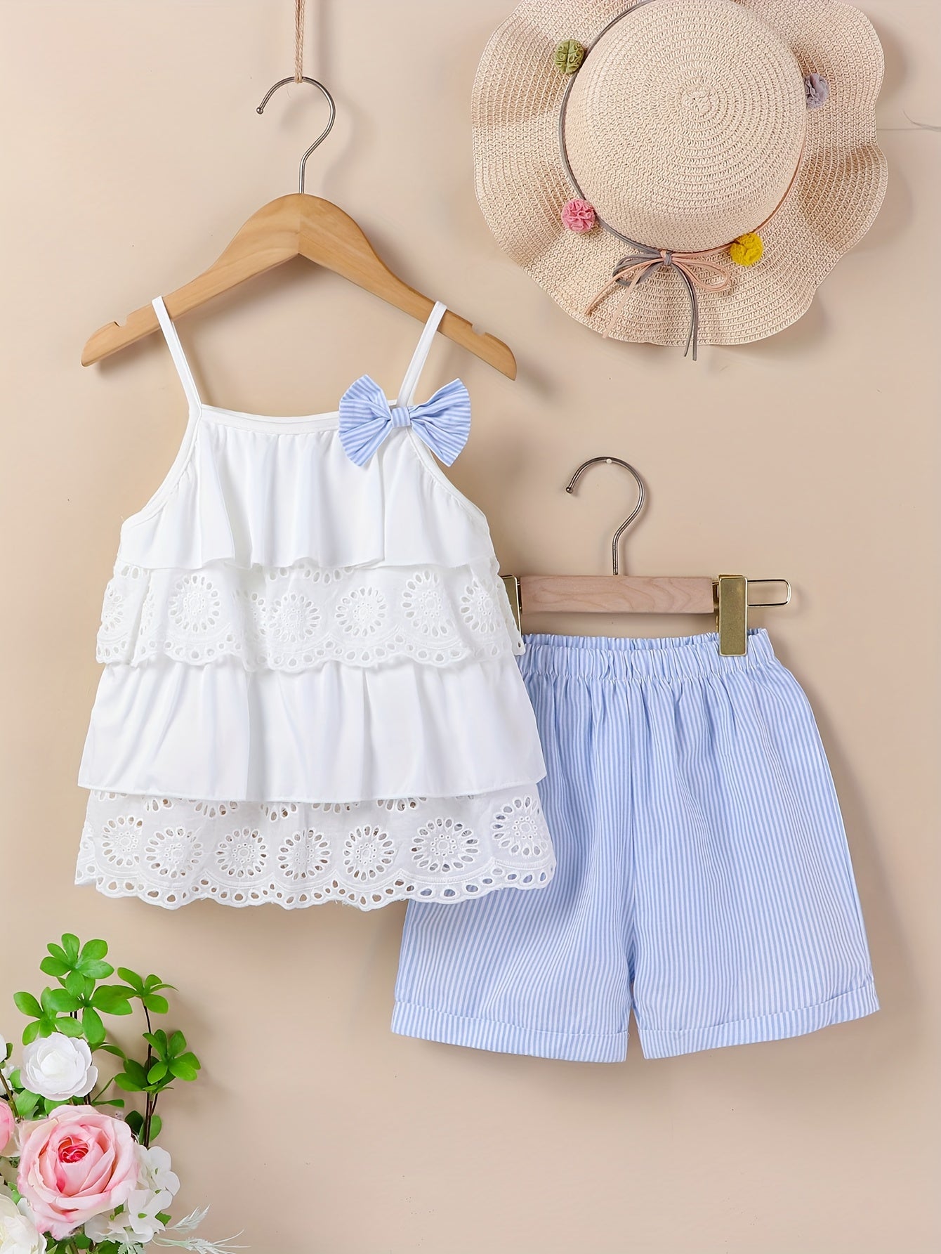 2pcs Infant & Toddler's Lovely Summer Outdoor Set, Schiffy Layered Cami Top & Shorts, Baby Girl's Clothes, Outdoor Cloth