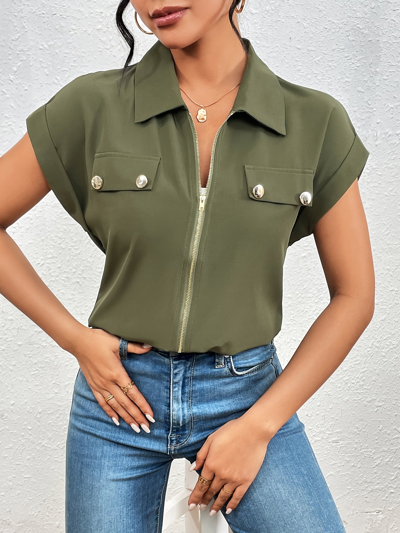 Vibrant Solid Color Short Sleeve Blouse - Convenient Zipper Front Closure, Relaxed Casual Style, Perfect for Spring and Summer Seasons - Womens Clothing for Warm Weather