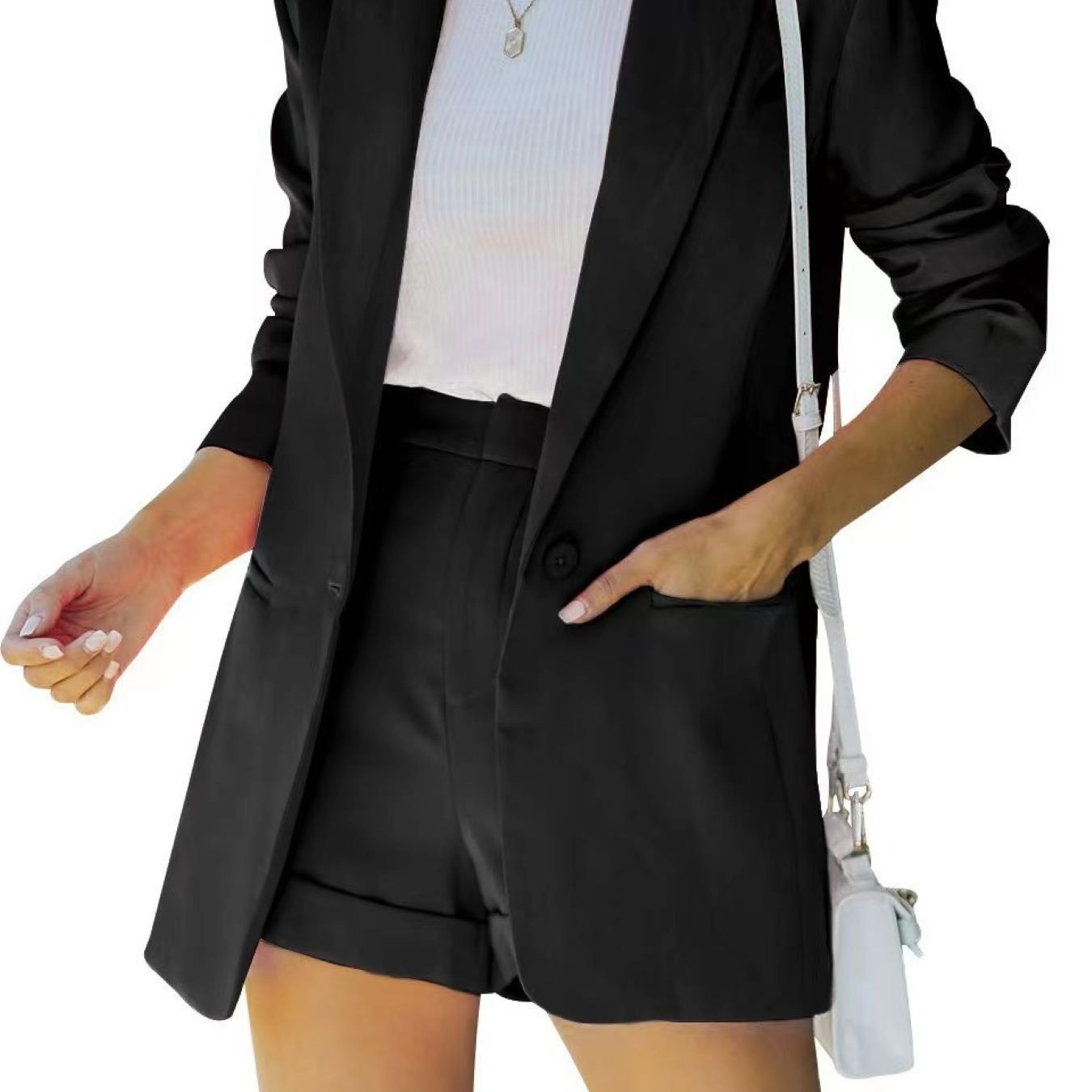 Women's Stylish Two-Piece Blazer Set - Short Sleeve Top & Shorts Suit with Turn-Down Collar, Elegant & Casual