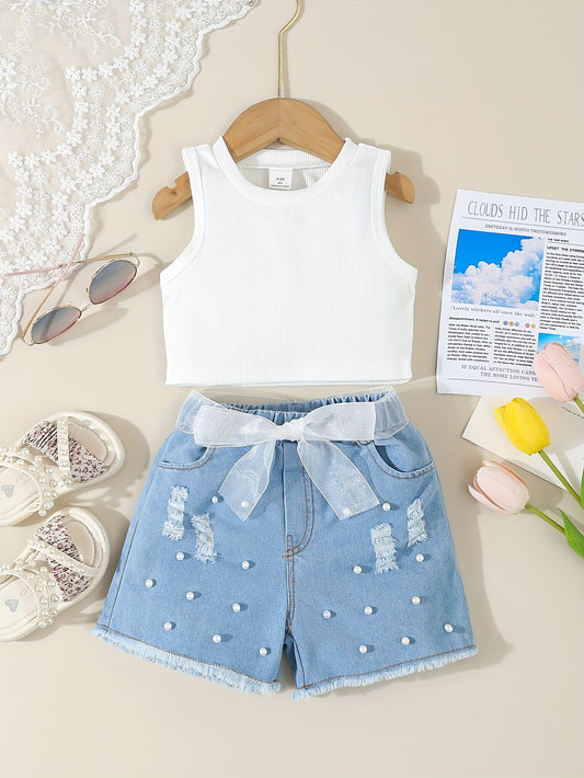 Girl's Outfit Basic Tank Top + Raw Hem Pearls Design Shorts Daily Summer Set, Girls Outdoor Clothes, Gift