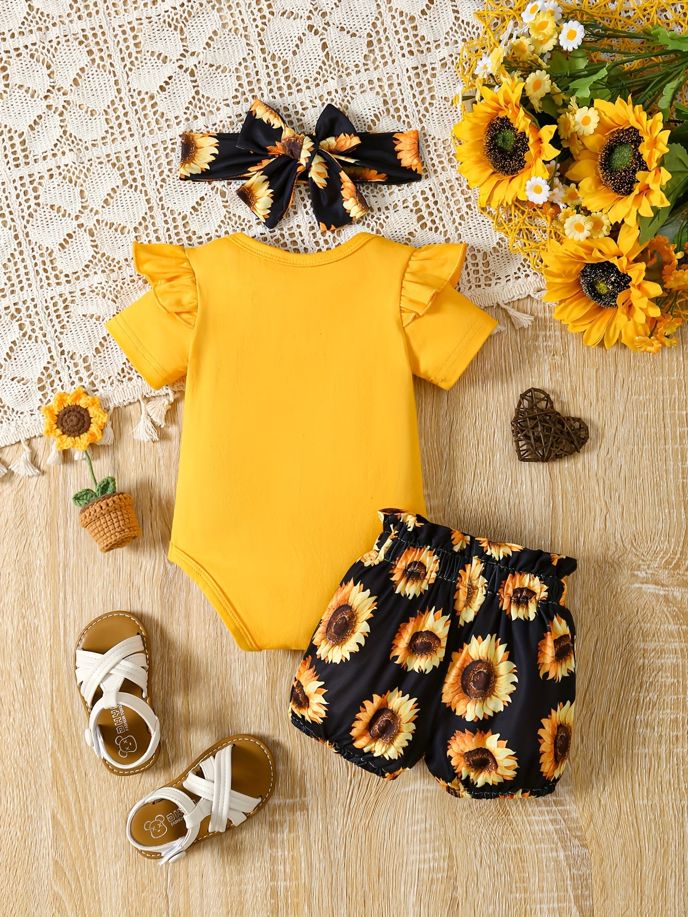 2pcs "You Are My Sunshine" Print Toddler & Infant Girl's Clothes Set, Ruffled Bodysuit & Headband & Sunflower Full Print Shorts