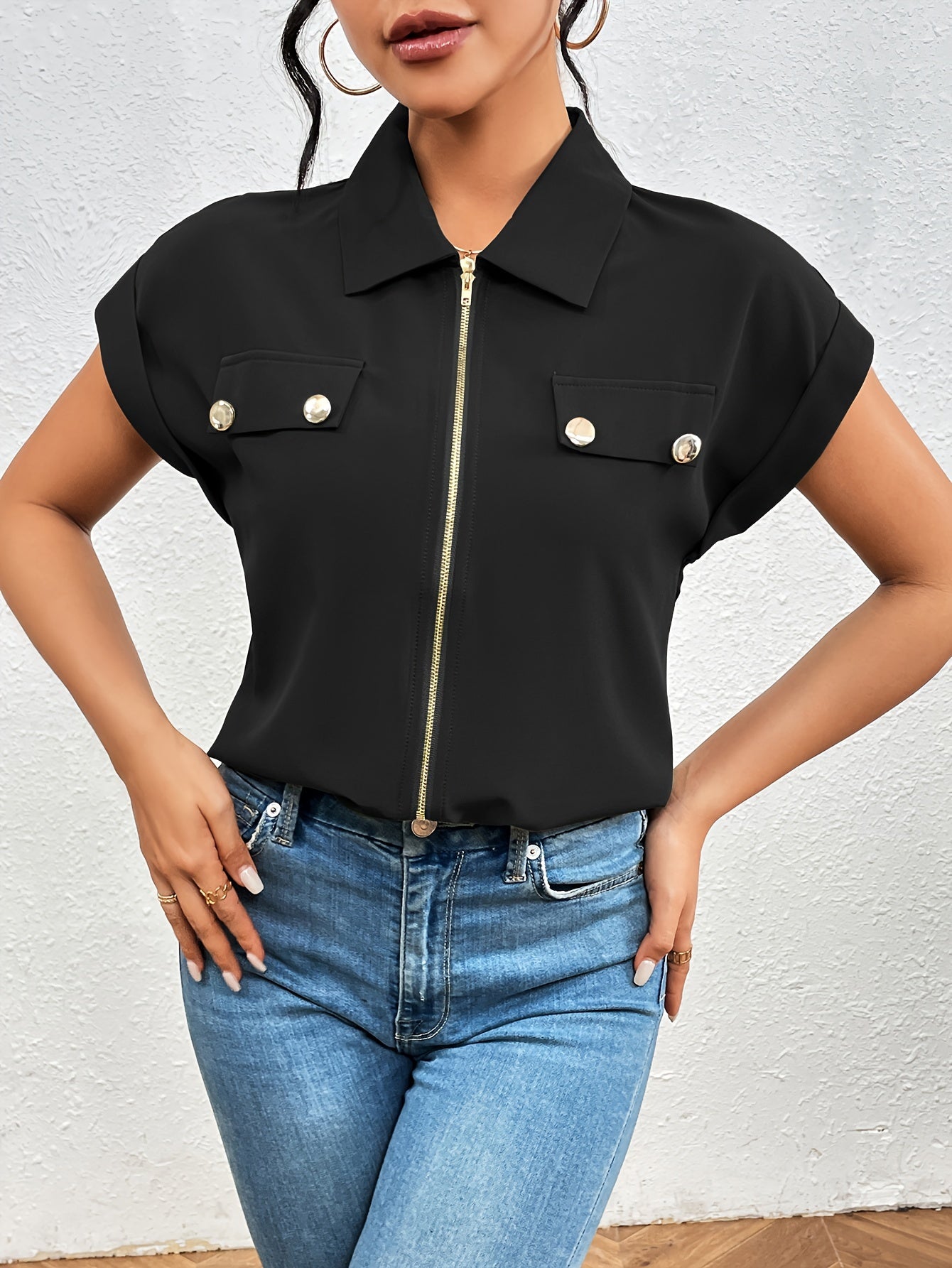 Vibrant Solid Color Short Sleeve Blouse - Convenient Zipper Front Closure, Relaxed Casual Style, Perfect for Spring and Summer Seasons - Womens Clothing for Warm Weather