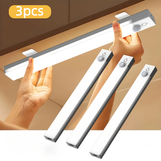 Set of 3 LED Lights with Motion Detection - Adjustable Brightness for Cabinets, Rechargeable Via USB, Featuring Three Color Temperatures (3000K/4500K/6000K), Suitable for Use As Night Lights in Bedrooms, Staircases, Kitchens,