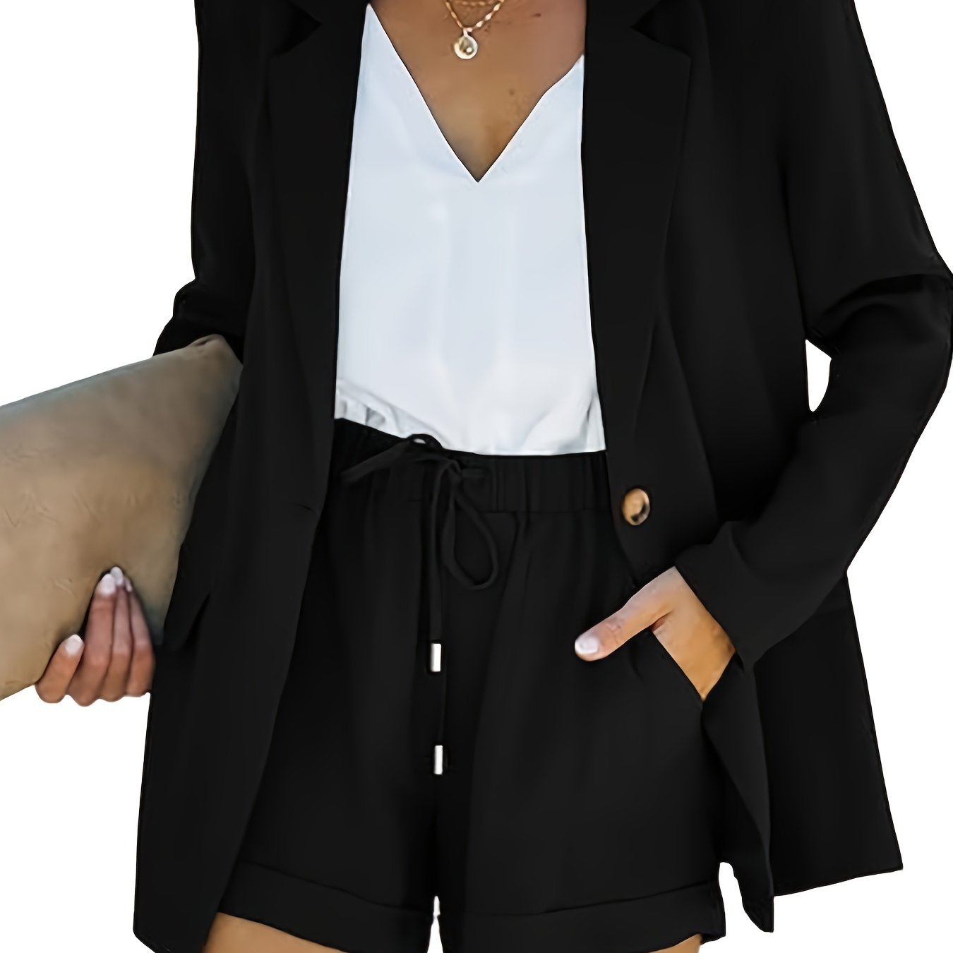 Women's Business Suits Long Sleeve Blazer Jacket Coat And High Waisted Shorts 2 Pieces Outfits Set