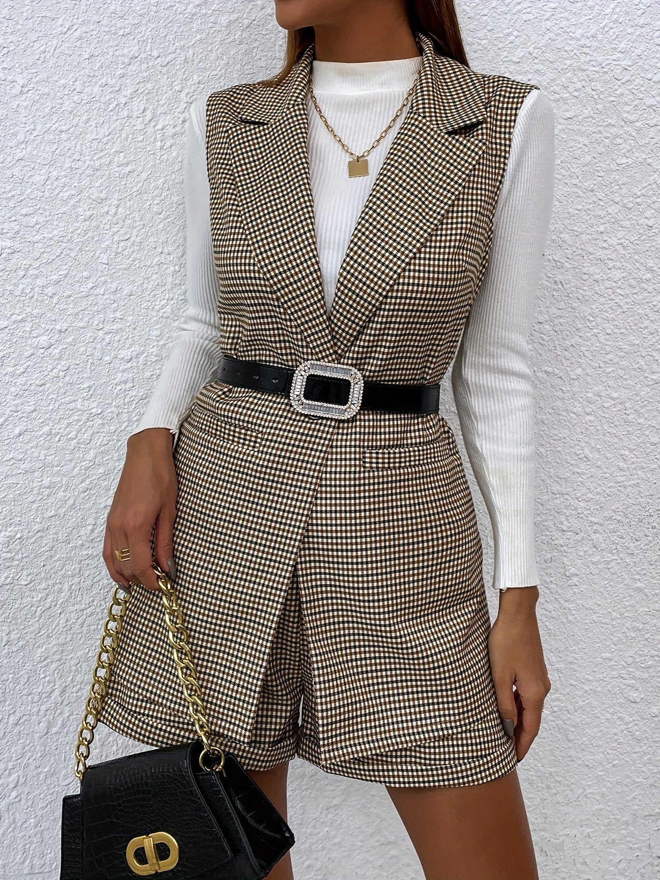 Elegant Gingham Print Shorts Set, Shawl Collar Single Breasted Vest & Loose Shorts For Office & Work, Women's Clothing