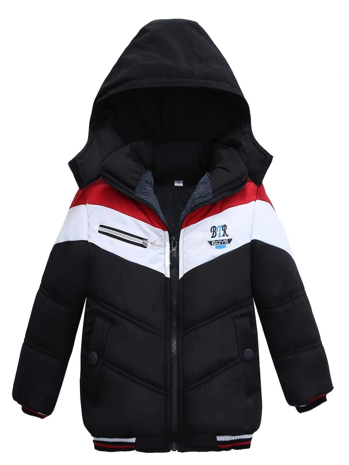 Kid's Trendy Hooded, Color Clash Warm Zip Up Fleece Coat