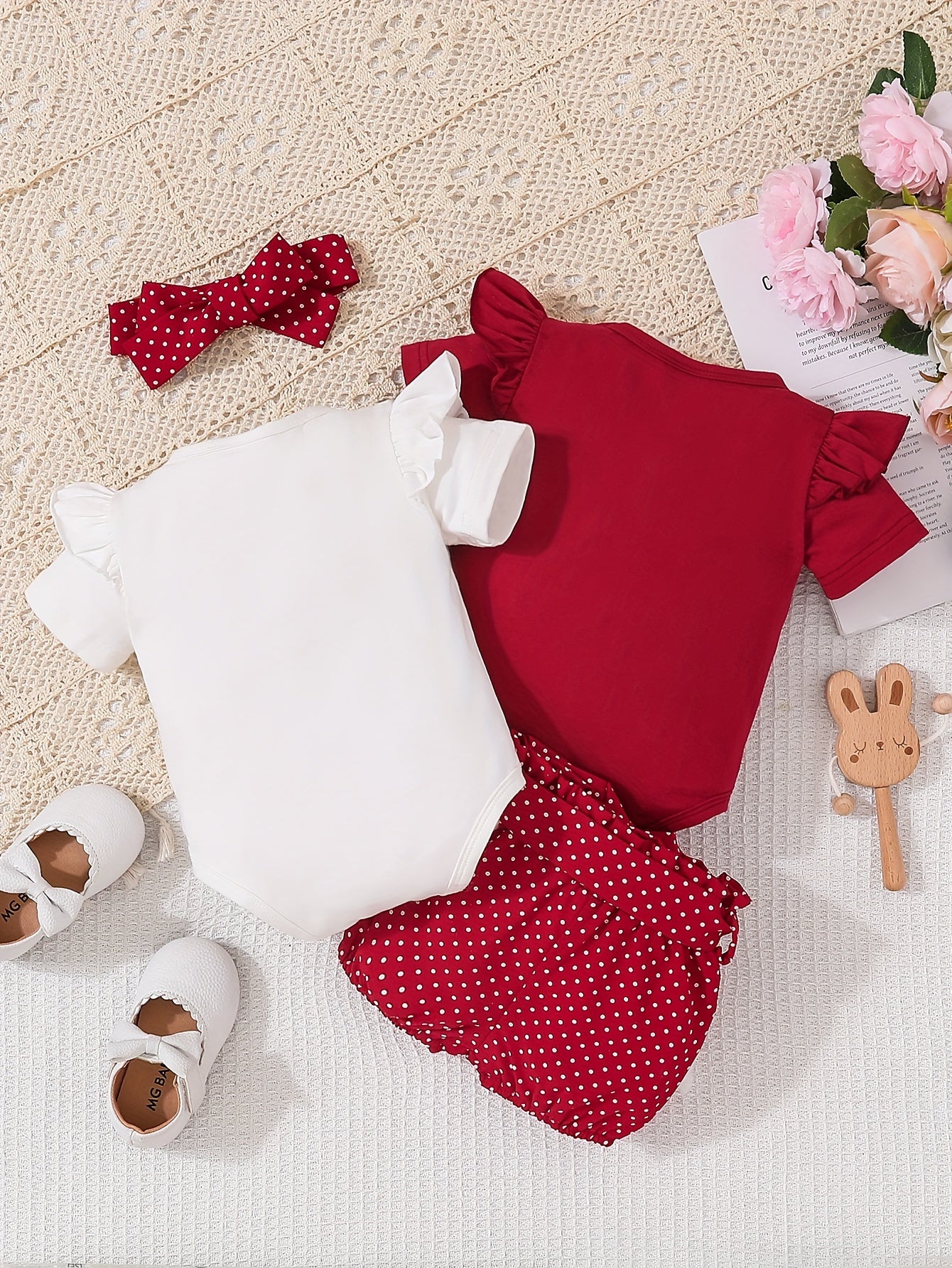 3pcs Infant Bunny Embroidered Summer Set – Short Sleeve Onesie & Polka Dot Shorts for Baby Girls