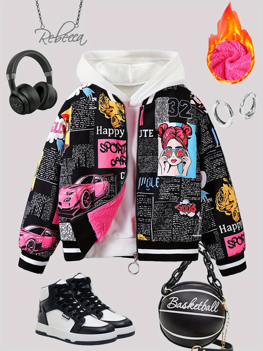 Girls' Cozy Fleece-Lined Pop Art Print Bomber Jacket - Casual Zip-Up Baseball Style Outerwear for Fall/Winter, Sizes 130-170