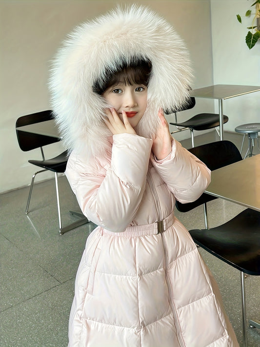 Elegant Long-Length Hooded Parka for Girls, Winter Slim Fit Puffer Coat with Belt, 100% Polyester Composition, Non-Stretch Solid Color with Flared Hem, Regular Sleeve