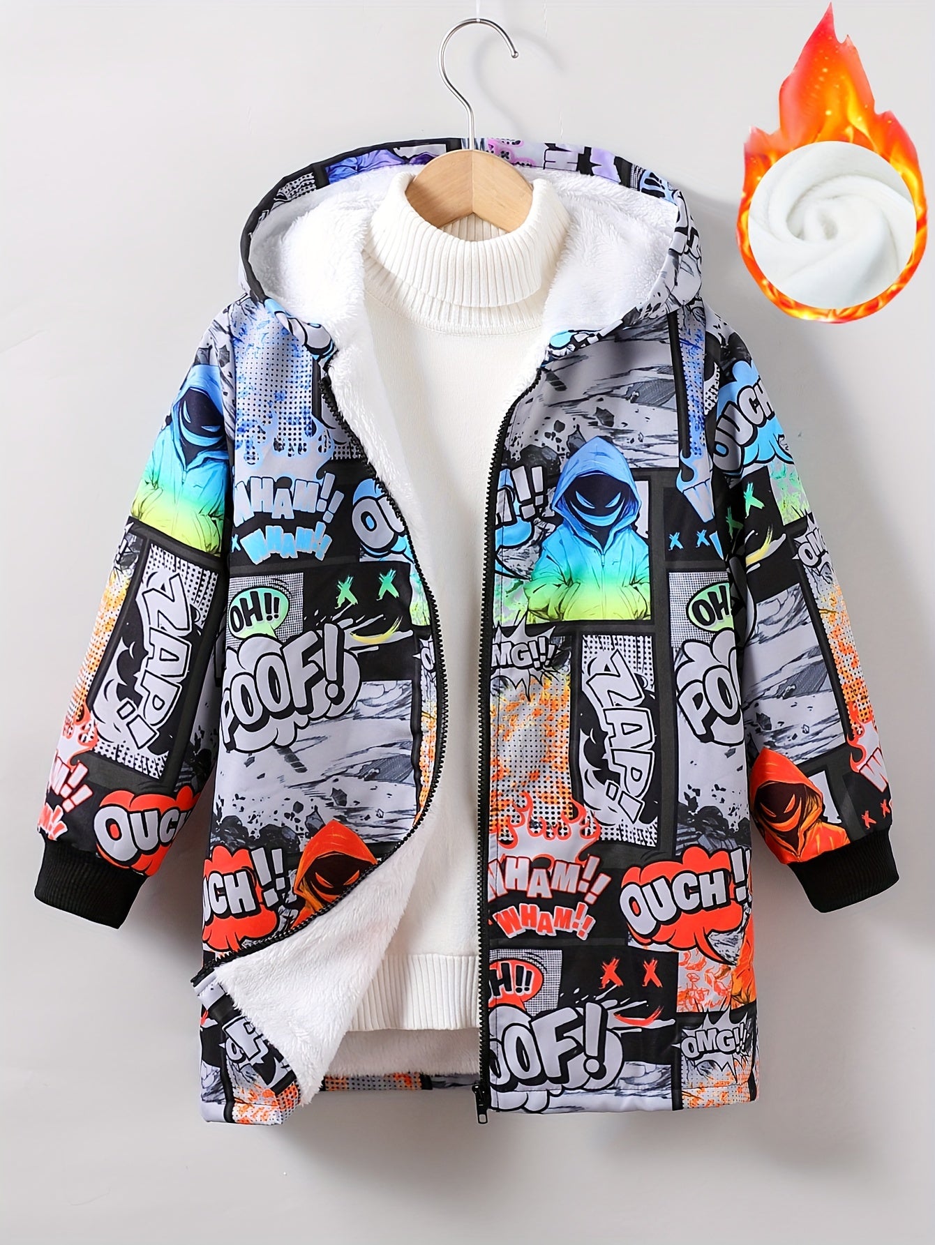 Stylish Anime Pattern Boys' Hooded Jacket - Thick Fleece Lined, Long Sleeve, Zip Up, Water Resistant, Windproof, and Breathable