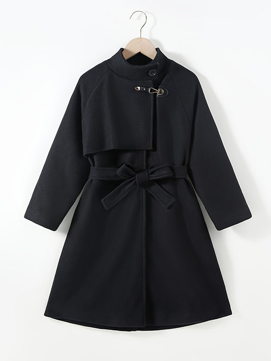 Girls' Classic Long Trench Coat With Belt - Long Sleeve Cheongsam Collar Elegant Outerwear