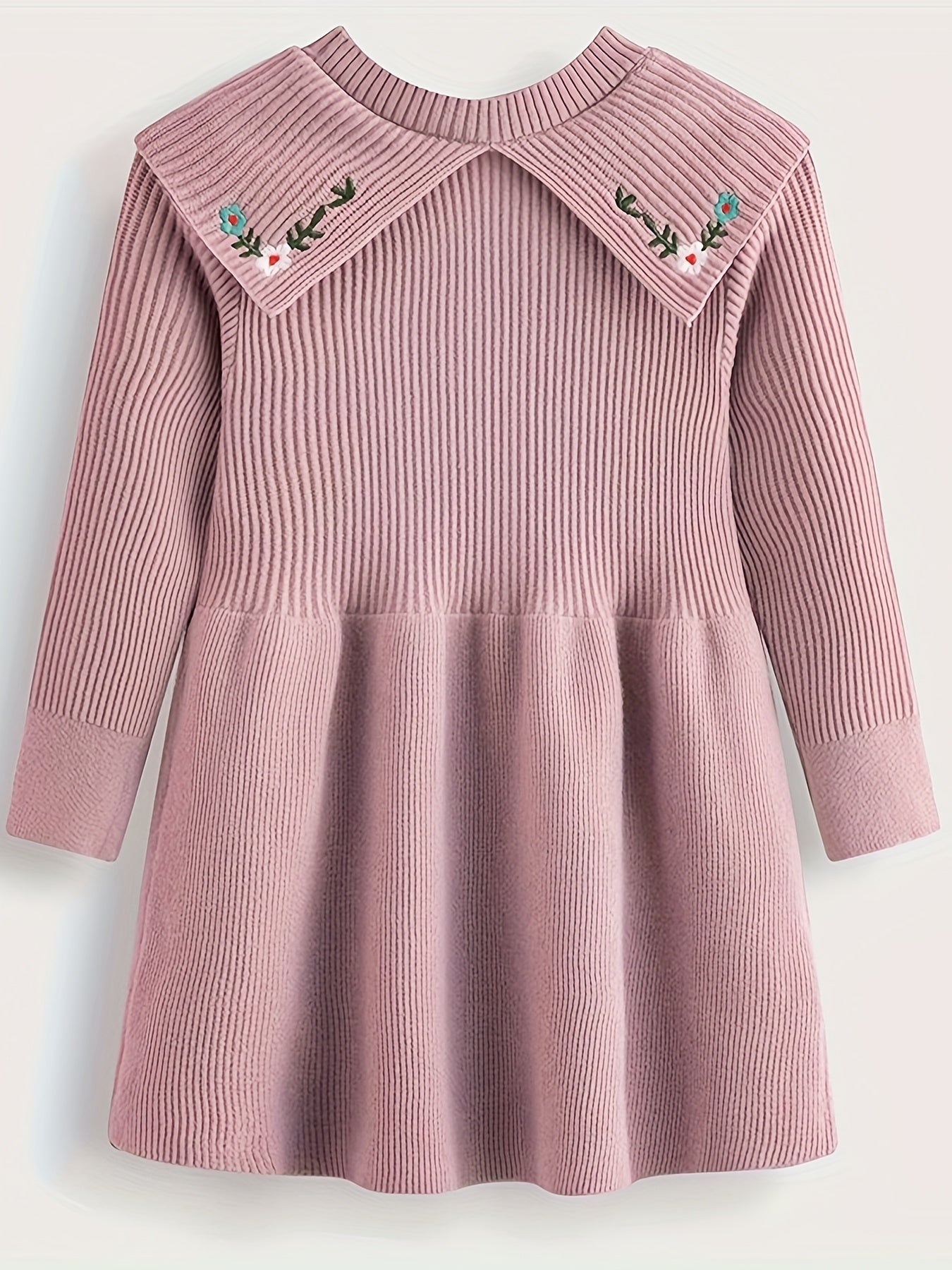 Girls' Embroidered A-line Short Sweater Dresses with Knitted Flower Pattern Lapel Collar for Fall Winter