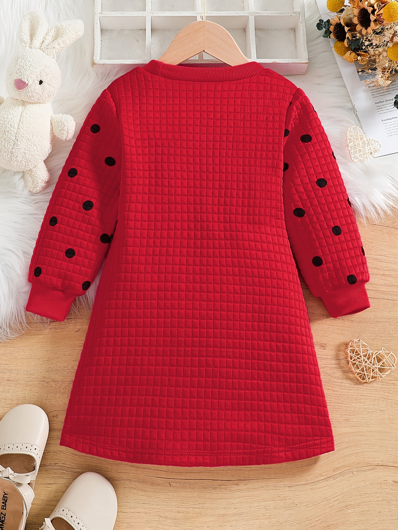 Adorable Bunny Print Long Sleeve Dress for Girls – Cozy Knit with 3D Bow for Fall/Winter