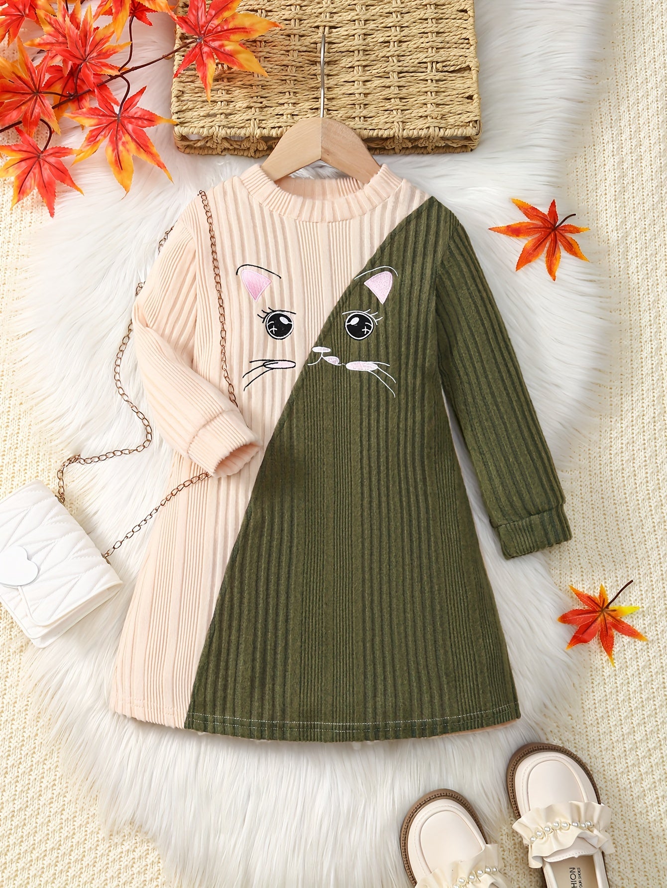 Cozy Autumn & Winter Girls' Cat Embroidery Long Sleeve Contrast Color Pullover Dress for Casual Wear