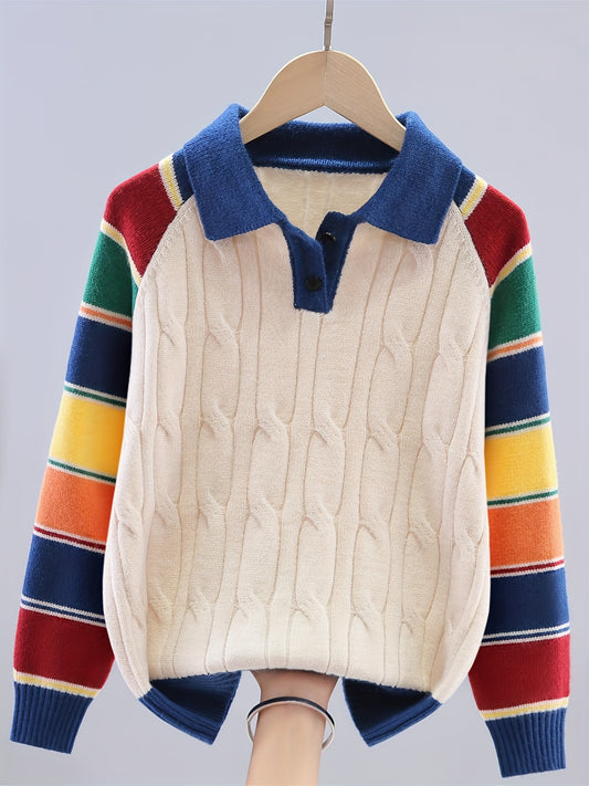 Children's Knit Sweater with Stripes and Button Detail, Casual Style, Loose Fit, Reversible Collar, Elastic Microfiber Fabric, Fall/Winter Collection