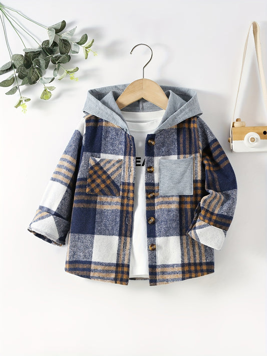 Kids Boys Plaid Shirts Long Sleeve Button Down Hooded Tops Spring Fall Outwear Shirts Jacket Clothes