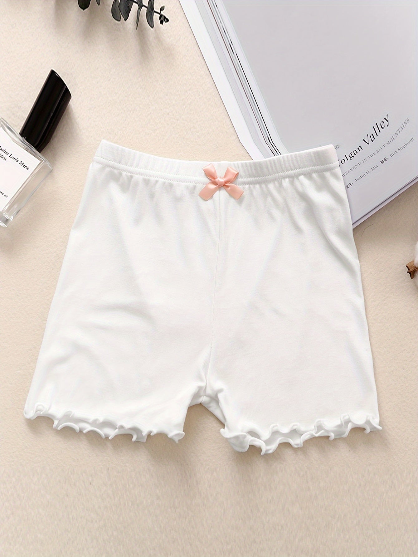 4pcs Girls’ Solid Color Frill Trim Shorts – Breathable, Versatile & Comfy Summer Gift