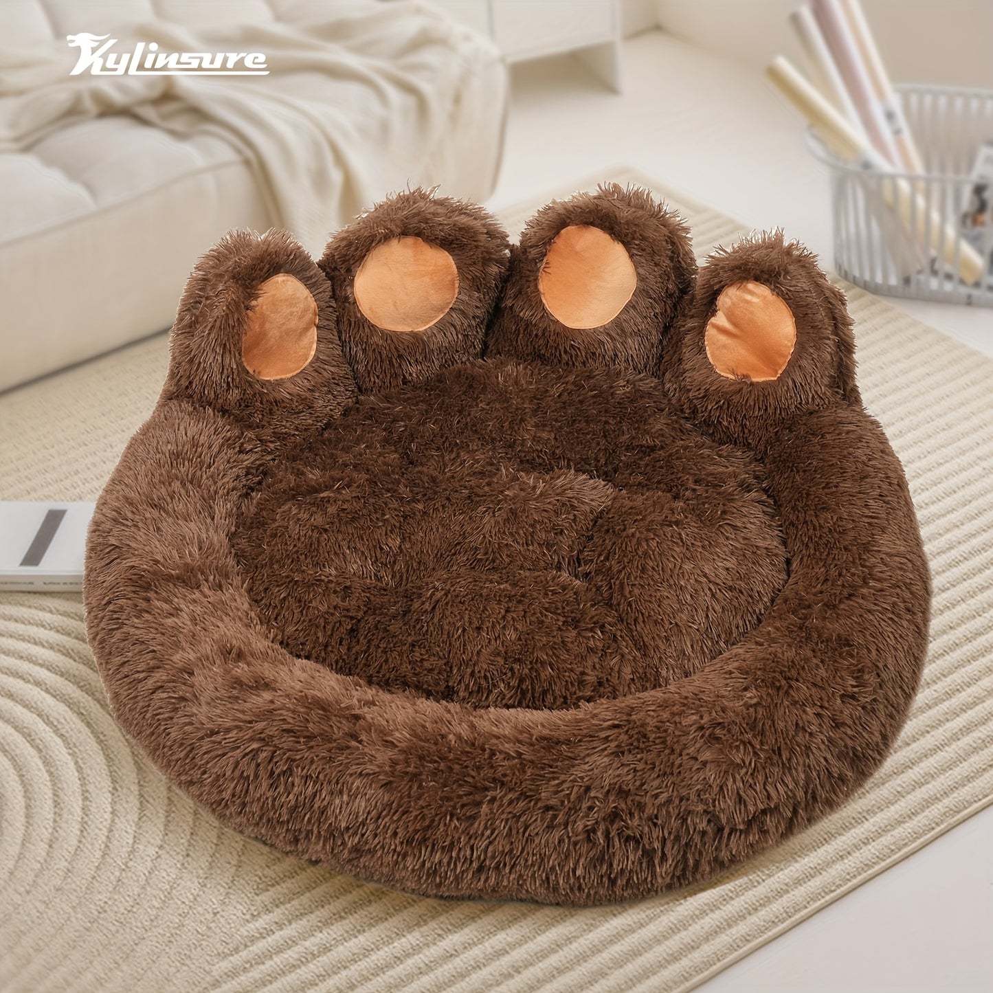 Warm And Comfortable Soft Dog Round Mattress - Coffee Colored - Cute Bear Paw Shaped Dog Bed And Cat Bed - Calm Donut Pet Bed - Plush Dog And Cat Cushion Bed With A Pet Scarf