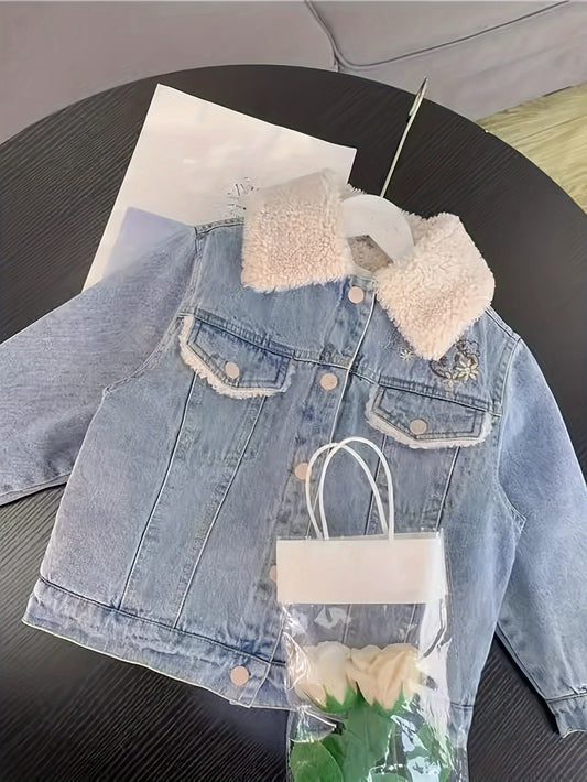 Cute Thick Warm Denim Jacket For Girls With Fleece Collar, Cartoon Back Pattern Thermal Winter Coat