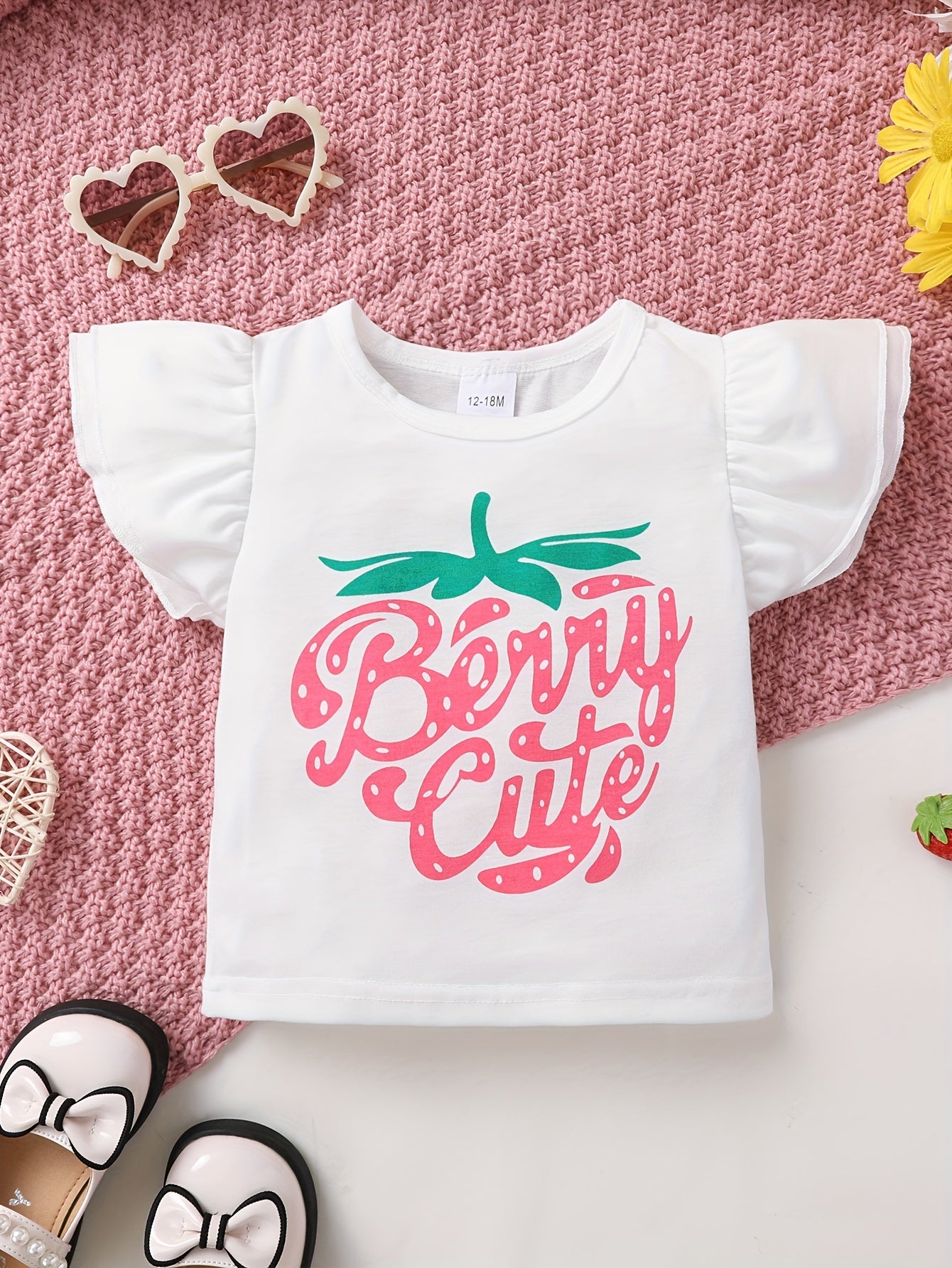 Girls' Strawberry Print Summer Outfit – T-Shirt & Bow-Knot Shorts