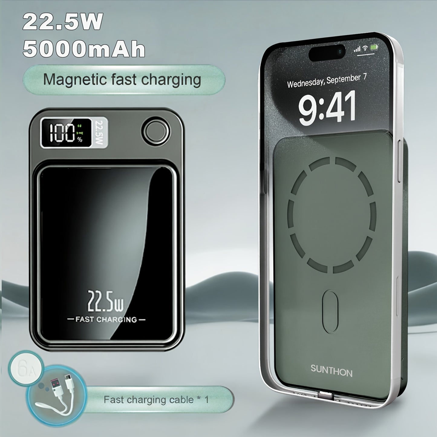 Sunthon Magnetic Wireless Charging Power Bank, 10000/5000mAh Portable Wireless Charger, 22.5W/PD20W Fast Charging Battery Pack, with LED Power Display, 2 Outputs And Dual Input External Battery Pack for iPhone 17/16/15/14/13/