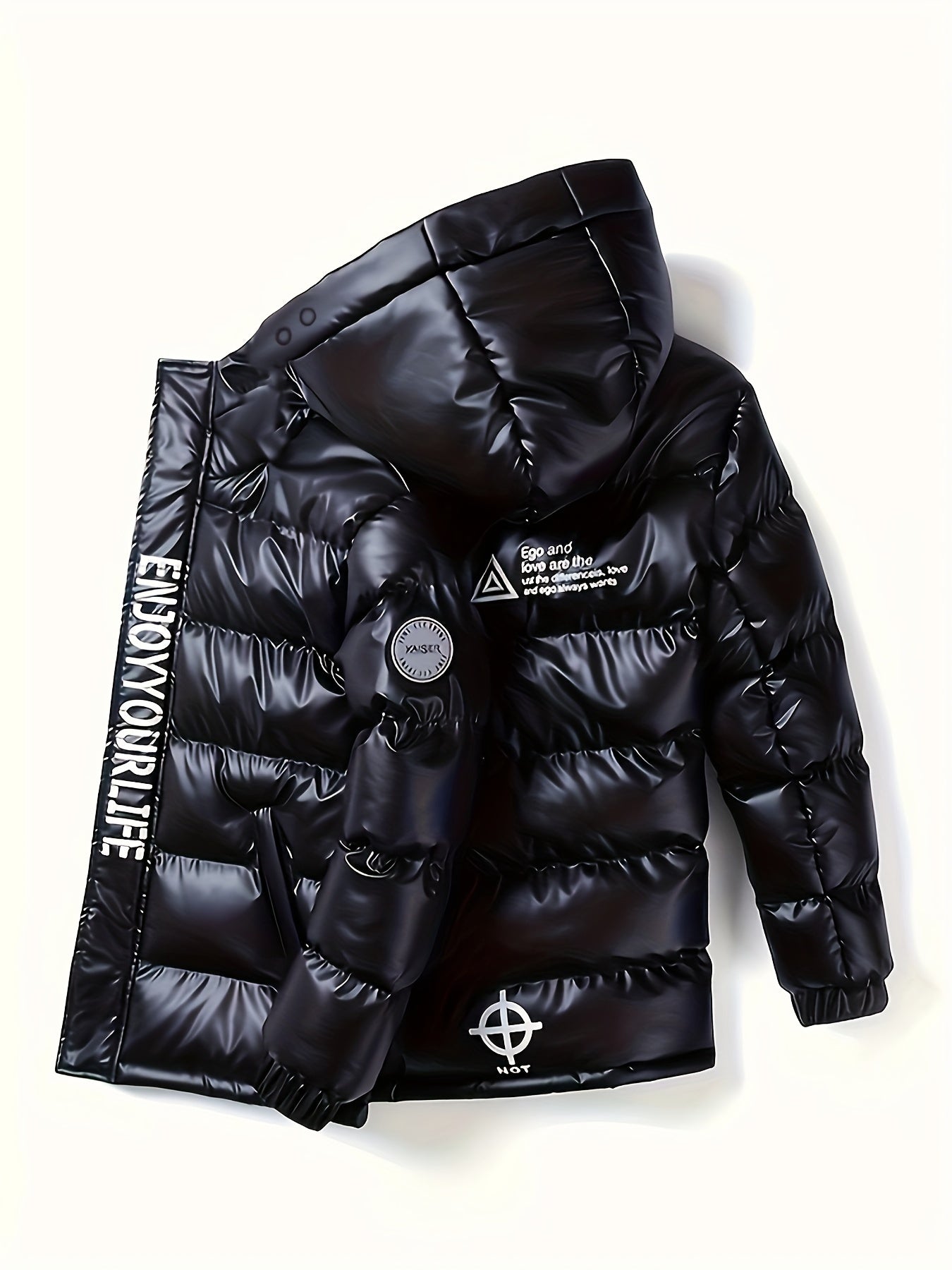 Boys' Warm Metallic Color Hooded Padded Jacket - Snow Suits with Zip Up Coat, Ego and Love Letters Print