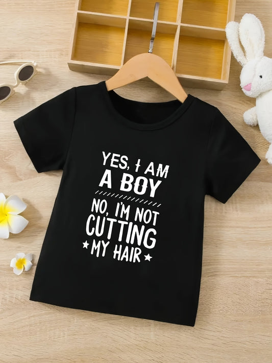 Boys' Fashionable Graphic Tee - Round Neck, Short-Sleeve, Fun "Yes, I Am A Boy No, I'm Not Cutting My Hair" Letter Print, Soft Fabric, Breathable, Comfortable, Perfect Gift for Boys, Spring/Summer Essential